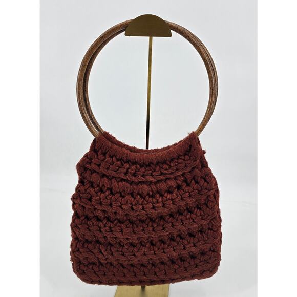 Vintage Handmade Chunky Knit Boho Teak Hoop Clutch or Shoulder Bag